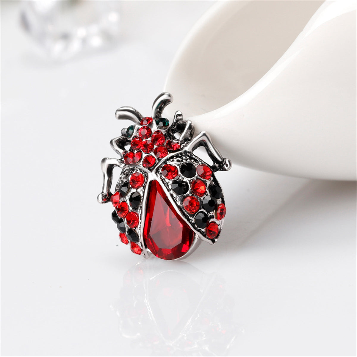 Red Crystal and Cubic Zirconia Ladybug Brooch, brooch pin, elegant gift for her, detail close-up