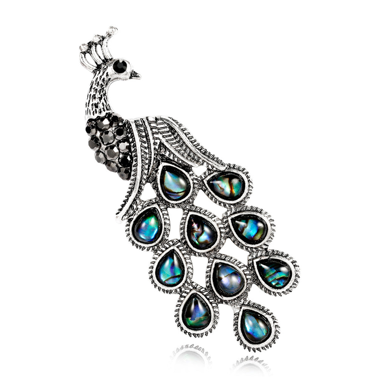 Abalone Shell and Cubic Zirconia Silver-Plated Peacock Brooch, silver brooch pin, vintage-inspired design, front view