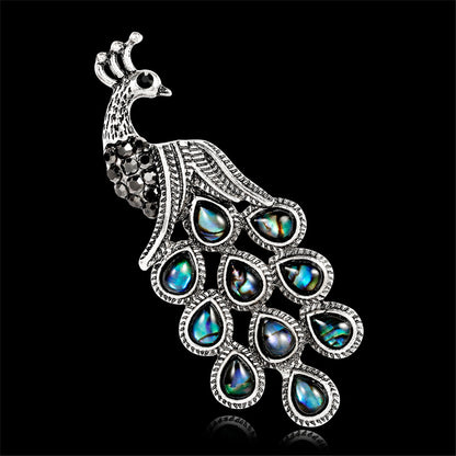 Abalone Shell and Cubic Zirconia Silver-Plated Peacock Brooch, silver brooch pin, vintage-inspired design, side view