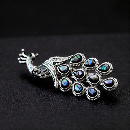 Abalone Shell and Cubic Zirconia Silver-Plated Peacock Brooch, silver brooch pin, vintage-inspired design, detail close-up