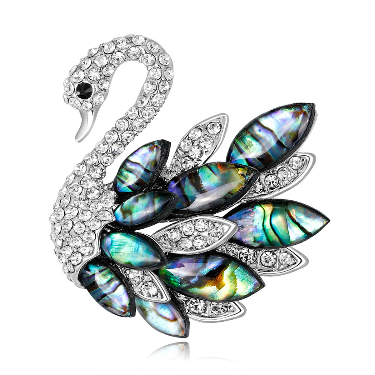 Abalone Shell and Cubic Zirconia Silver-Plated Swan Brooch, silver brooch pin, everyday style, front view