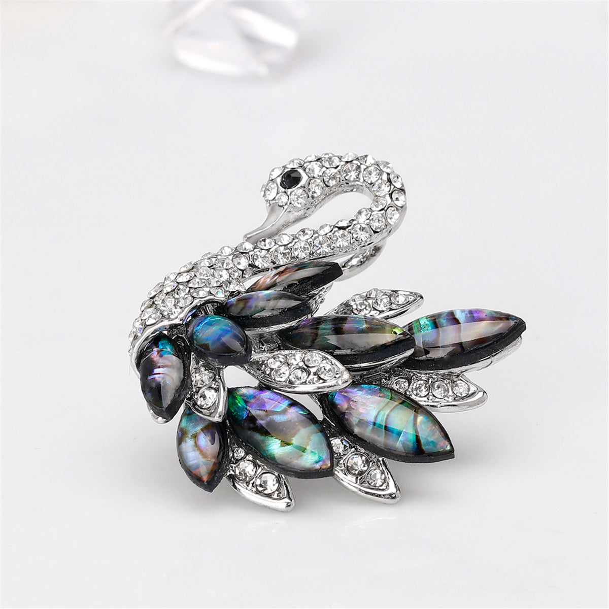 Abalone Shell and Cubic Zirconia Silver-Plated Swan Brooch, silver brooch pin, everyday style, side view