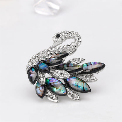 Abalone Shell and Cubic Zirconia Silver-Plated Swan Brooch, silver brooch pin, everyday style, side view