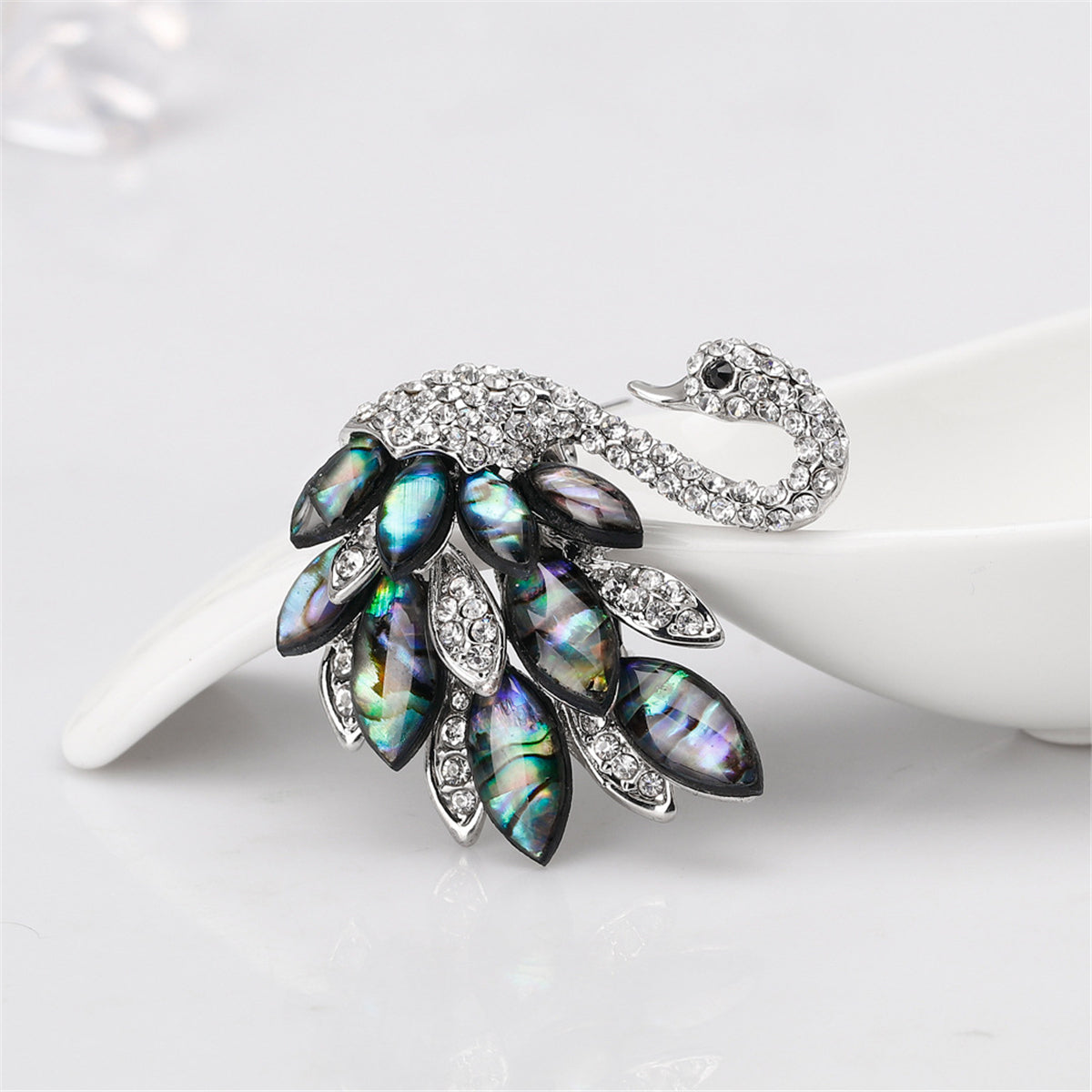 Abalone Shell and Cubic Zirconia Silver-Plated Swan Brooch, silver brooch pin, everyday style, detail close-up