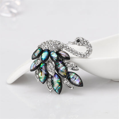 Abalone Shell and Cubic Zirconia Silver-Plated Swan Brooch, silver brooch pin, everyday style, detail close-up