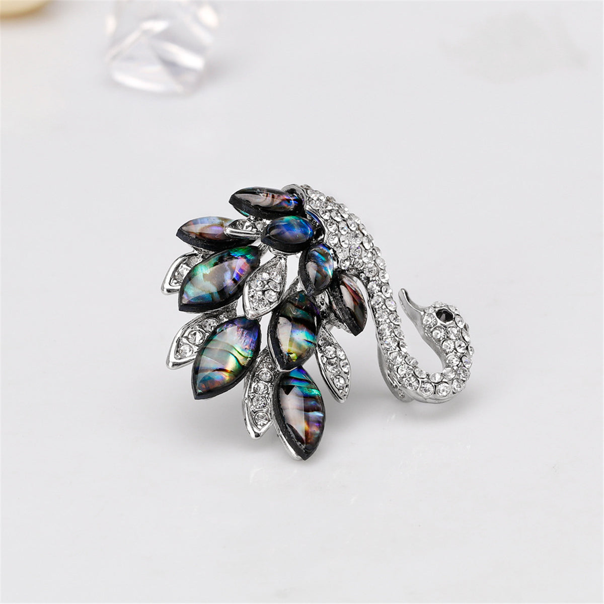 Abalone Shell and Cubic Zirconia Silver-Plated Swan Brooch, silver brooch pin, everyday style, lifestyle look