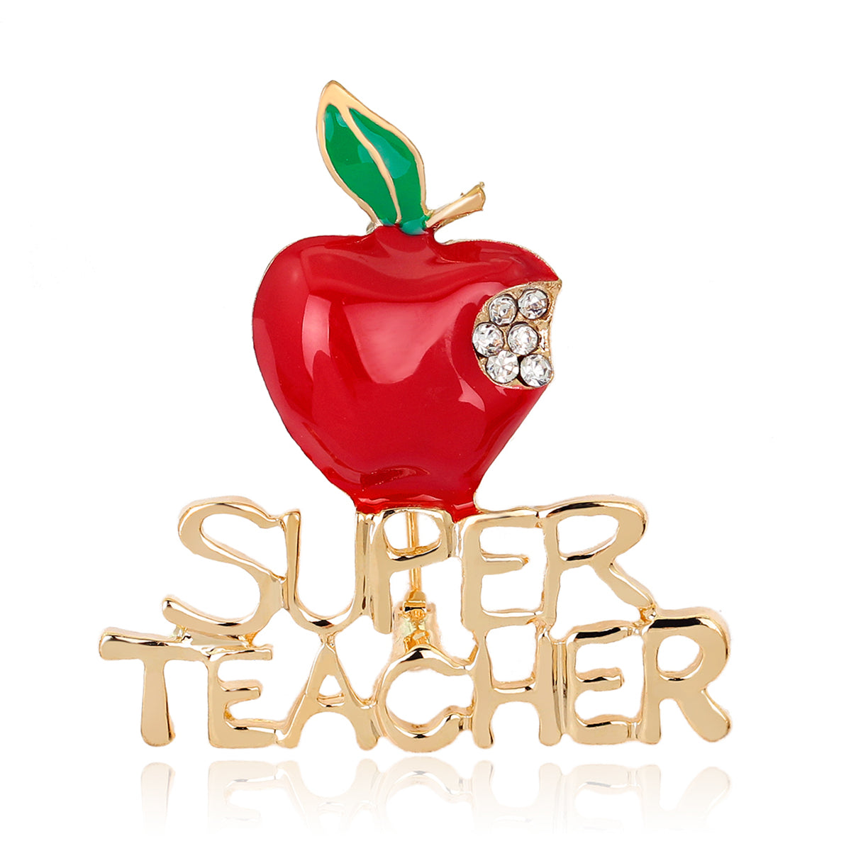 Cubic Zirconia and Enamel 18K Gold-Plated 'Super Teacher' Apple Brooch, gold brooch pin, everyday style, side view