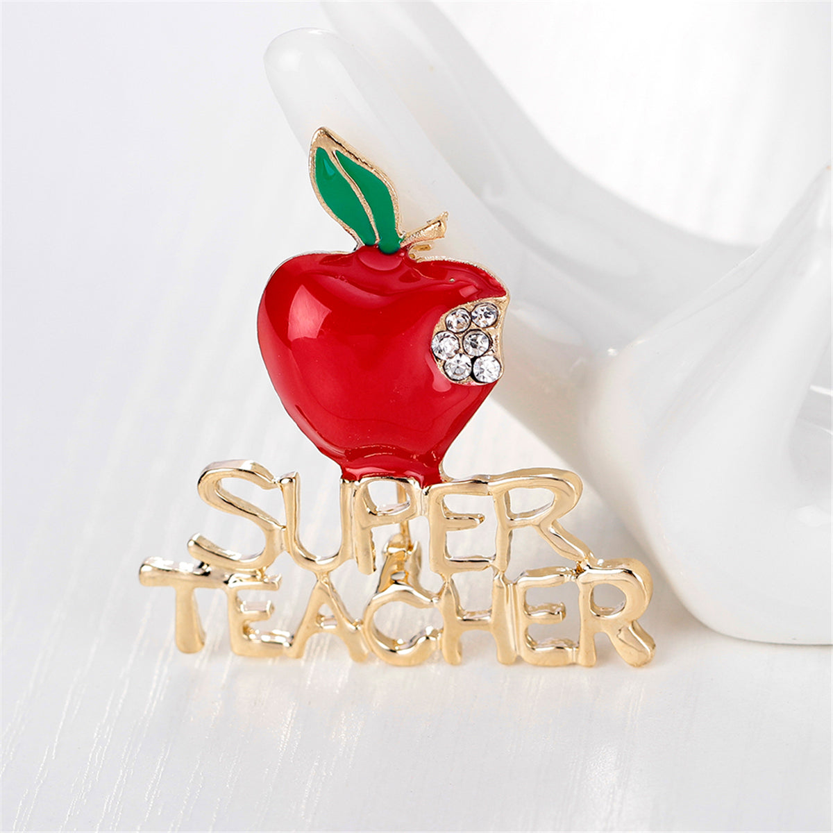 Cubic Zirconia and Enamel 18K Gold-Plated 'Super Teacher' Apple Brooch, gold brooch pin, everyday style, lifestyle look