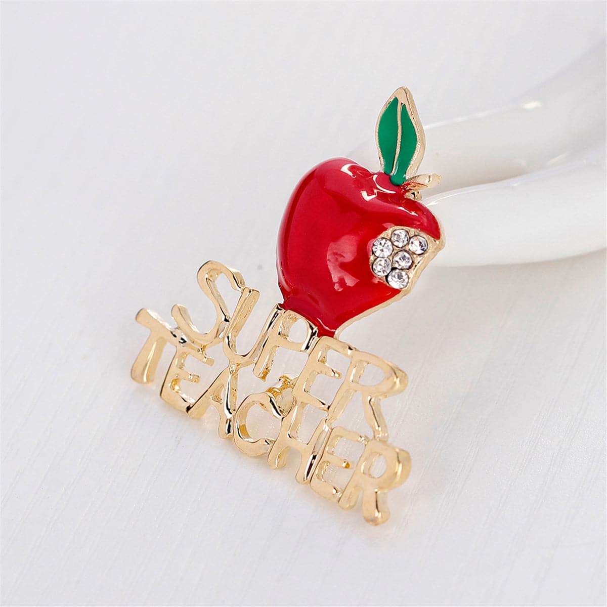 Cubic Zirconia and Enamel 18K Gold-Plated 'Super Teacher' Apple Brooch, gold brooch pin, everyday style, front view