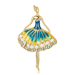 Blue Enamel & Cubic Zironia 18K Gold-Plated Dancing Girl Brooch