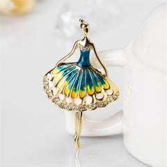 Blue Enamel & Cubic Zironia 18K Gold-Plated Dancing Girl Brooch