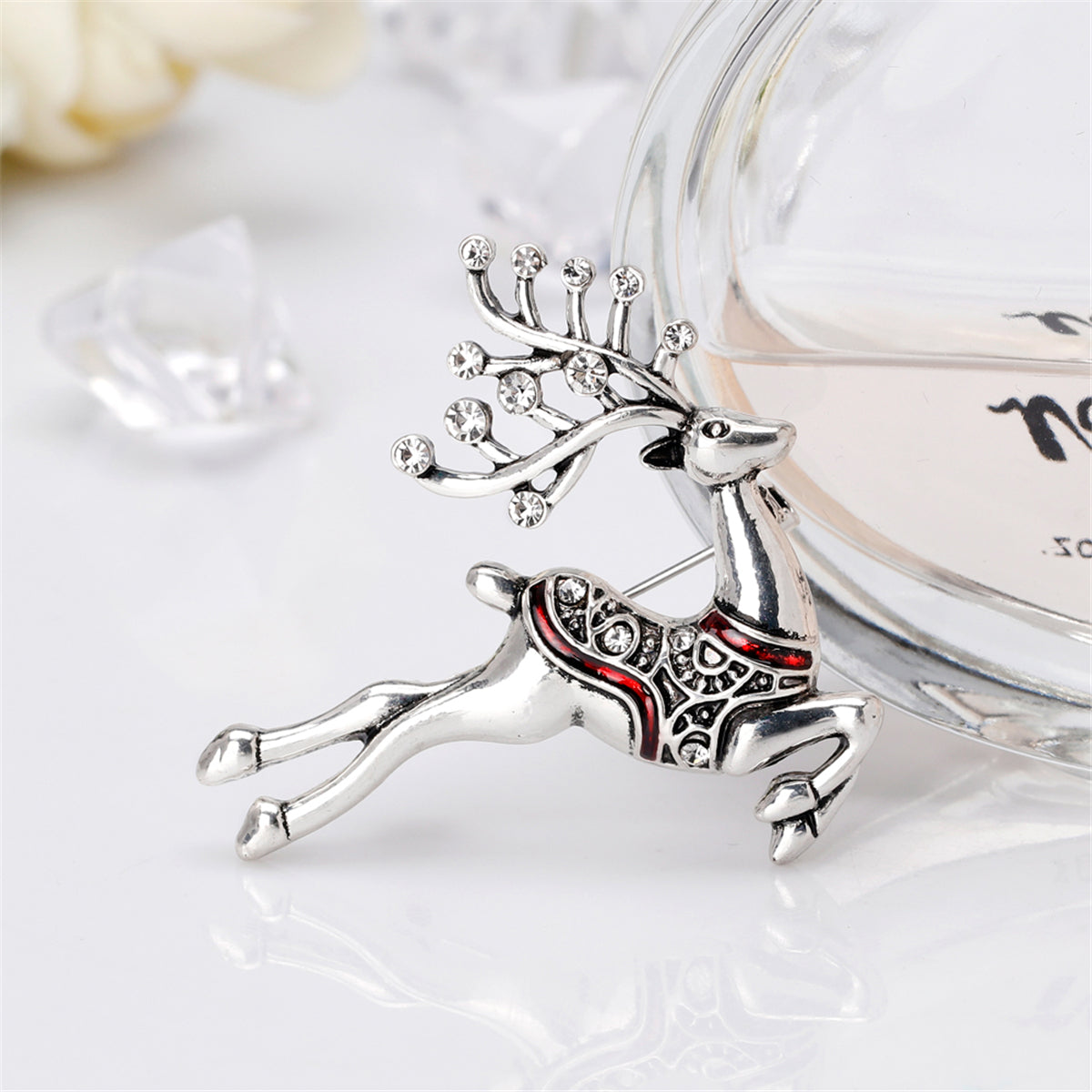 Cubic Zirconia and Silver-Plated Reindeer Brooch, silver brooch pin, everyday style, front view