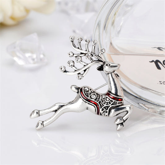 Cubic Zirconia and Silver-Plated Reindeer Brooch, silver brooch pin, everyday style, front view
