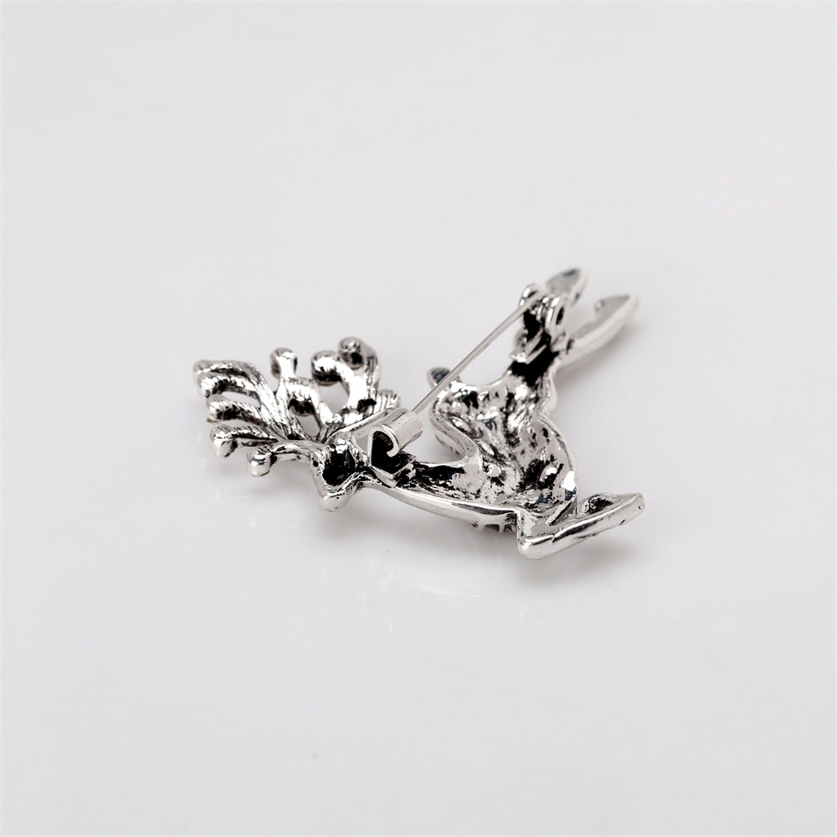 Cubic Zirconia and Silver-Plated Reindeer Brooch, silver brooch pin, everyday style, side view