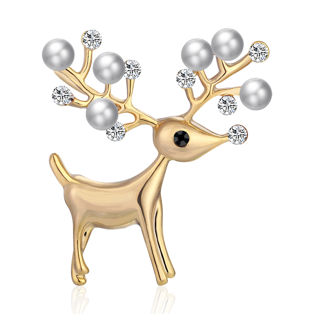 Cubic Zirconia and Pearl 18K Gold-Plated Reindeer Brooch, gold brooch pin, everyday style, side view