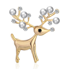 Cubic Zirconia & Pearl 18K Gold-Plated Reindeer Brooch