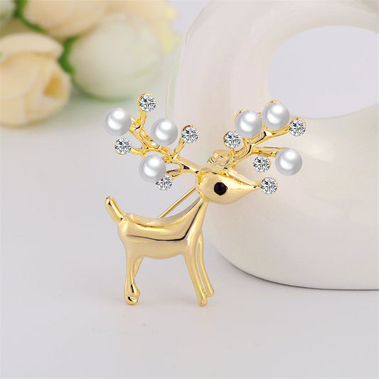 Cubic Zirconia and Pearl 18K Gold-Plated Reindeer Brooch, gold brooch pin, everyday style, front view