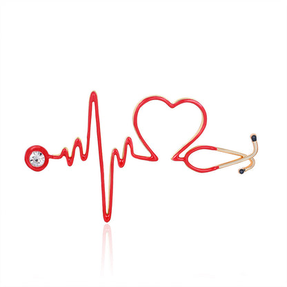 Cubic Zirconia and Enamel 18K Gold-Plated Stethoscope Heartbeat Brooch, gold brooch pin, vintage-inspired design, side view