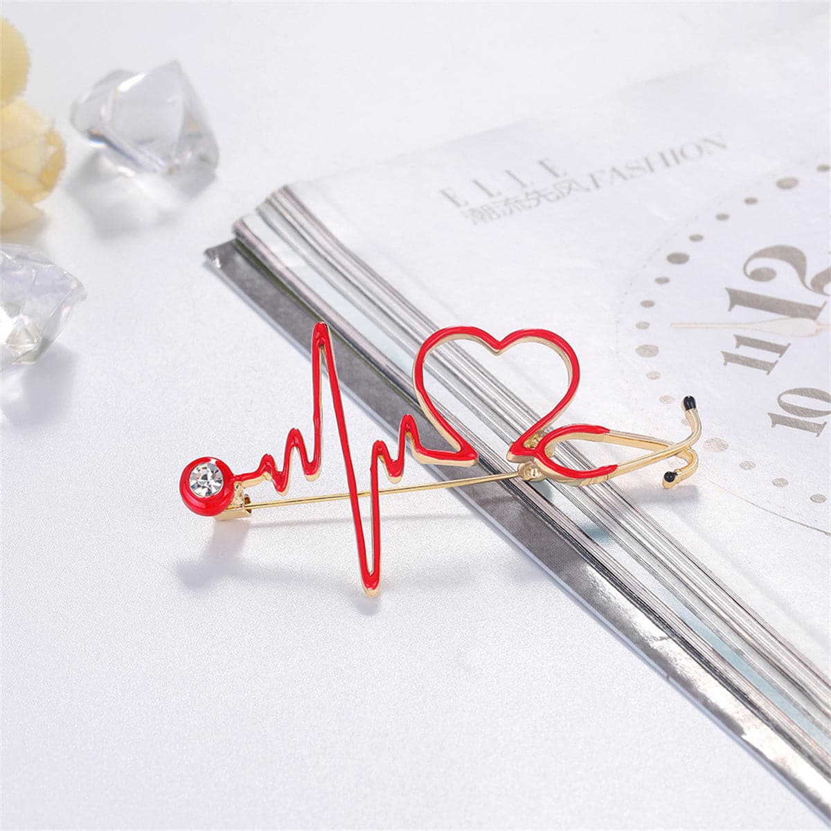 Cubic Zirconia and Enamel 18K Gold-Plated Stethoscope Heartbeat Brooch, gold brooch pin, vintage-inspired design, front view