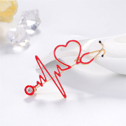 Cubic Zirconia and Enamel 18K Gold-Plated Stethoscope Heartbeat Brooch, gold brooch pin, lifestyle look