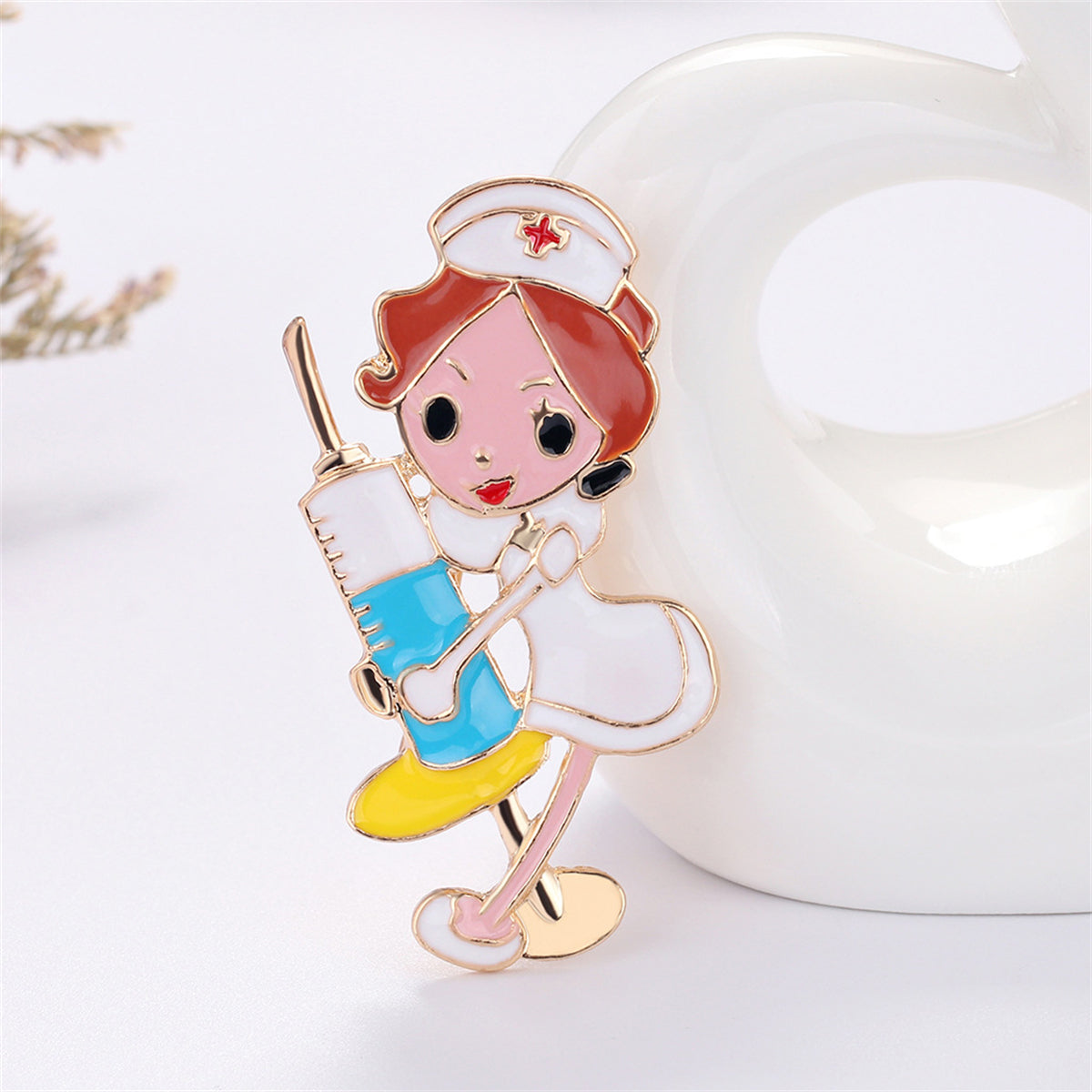 Colored Enamel and 18K Gold-Plated Nurse Injector Brooch, gold brooch pin, botanical inspired, side view