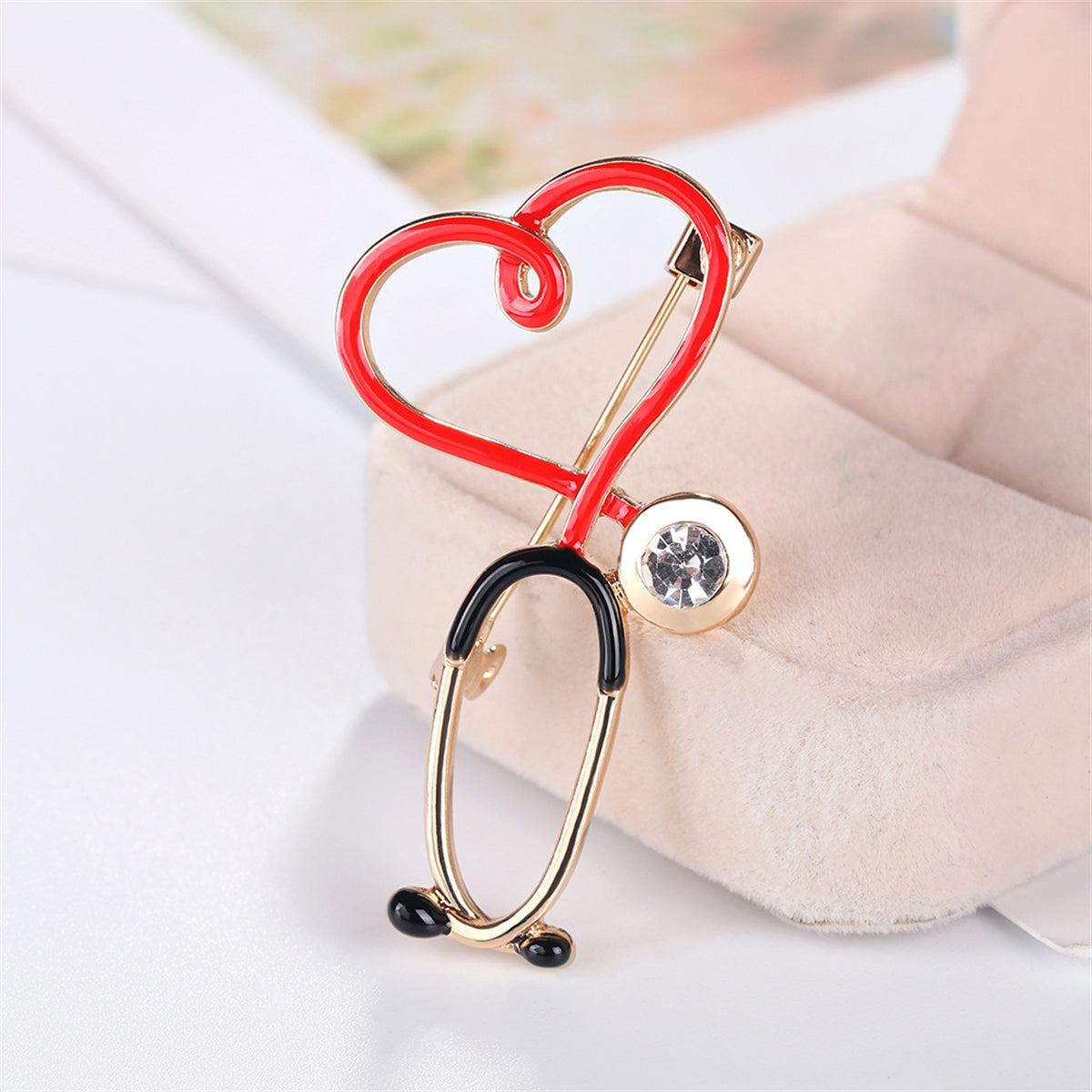Cubic Zirconia and Enamel 18K Gold-Plated Stethoscope Brooch, gold brooch pin, botanical inspired, lifestyle look