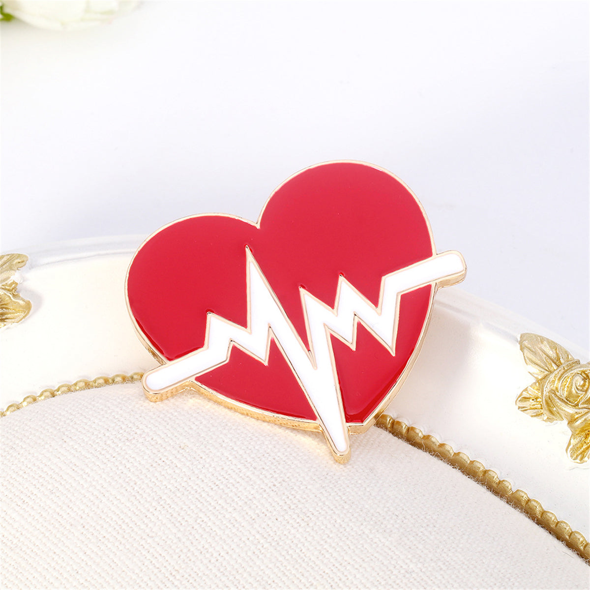 Red Enamel and 18K Gold-Plated Heartbeat Brooch, gold brooch pin, dainty minimalist design, side view
