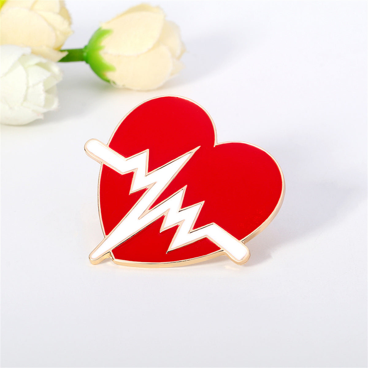 Red Enamel and 18K Gold-Plated Heartbeat Brooch, gold brooch pin, dainty minimalist design, detail close-up