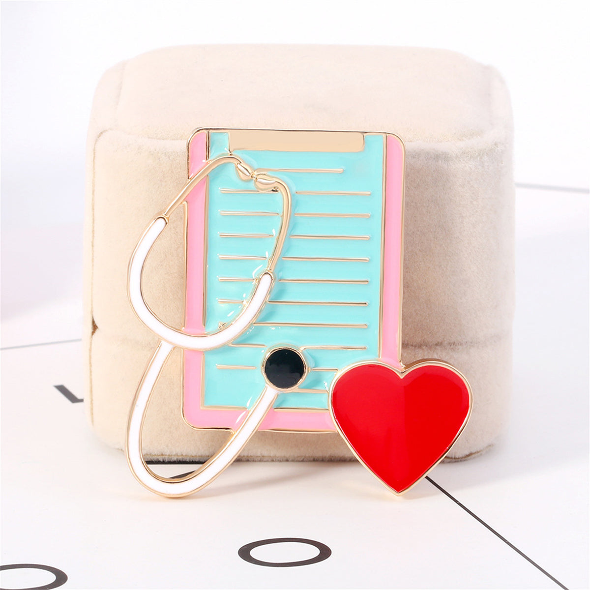 Red Enamel and 18K Gold-Plated Stethoscope Dossier Brooch, gold brooch pin, dainty minimalist design, detail close-up