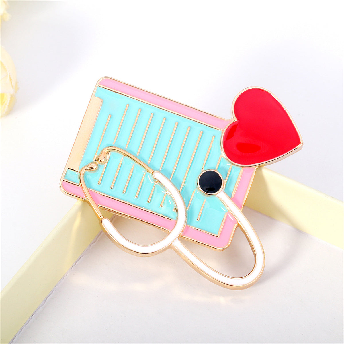 Red Enamel and 18K Gold-Plated Stethoscope Dossier Brooch, gold brooch pin, dainty minimalist design, lifestyle look