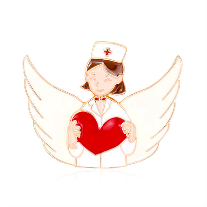 Red Enamel and 18K Gold-Plated Nurse Wing Heart Brooch, gold brooch pin, vintage-inspired design, front view