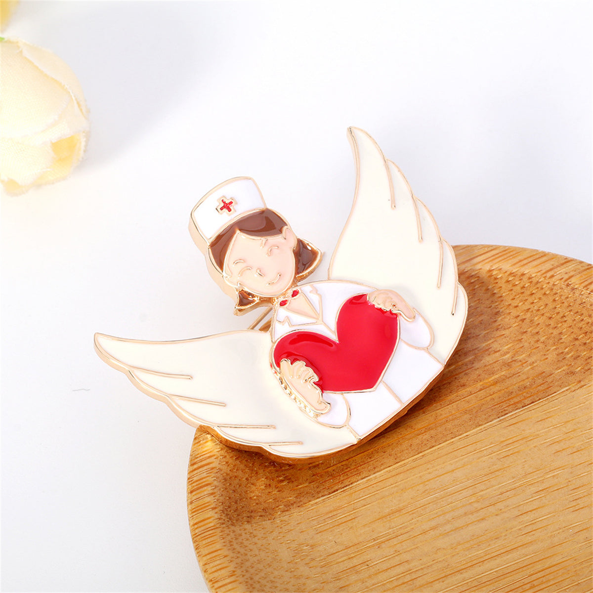 Red Enamel and 18K Gold-Plated Nurse Wing Heart Brooch, gold brooch pin, vintage-inspired design, side view