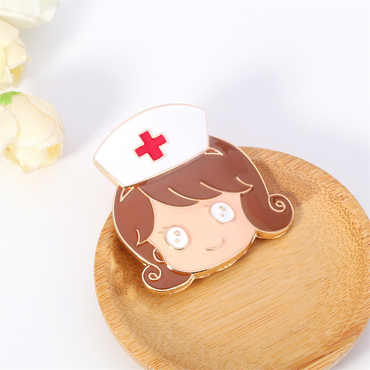 Enamel and 18K Gold-Plated Nurse Brooch, gold brooch pin, botanical inspired, detail close-up