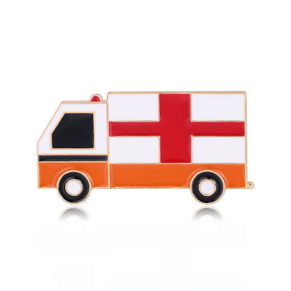 Enamel and 18K Gold-Plated Ambulance Brooch, gold brooch pin, vintage-inspired design, front view