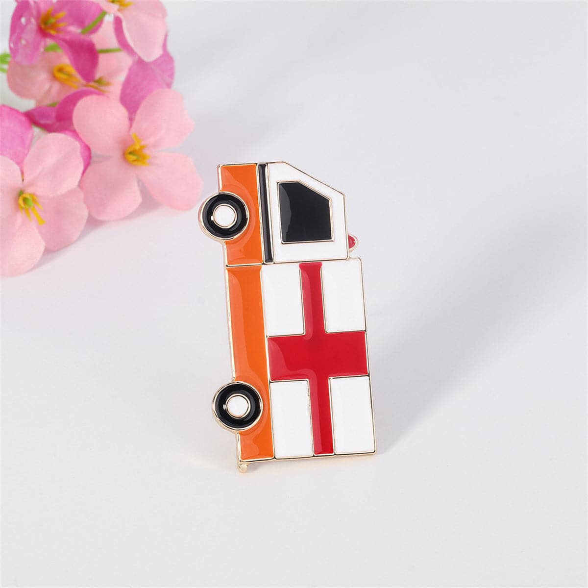 Enamel and 18K Gold-Plated Ambulance Brooch, gold brooch pin, vintage-inspired design, lifestyle look