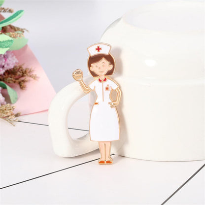 White Enamel and 18K Gold-Plated Nurse Brooch, gold brooch pin, elegant gift for her, front view