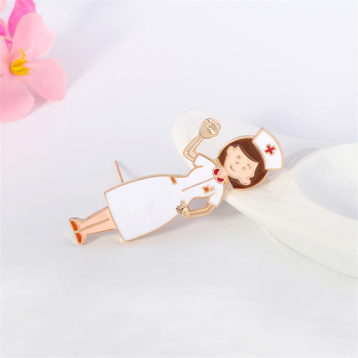 White Enamel and 18K Gold-Plated Nurse Brooch, gold brooch pin, elegant gift for her, lifestyle look
