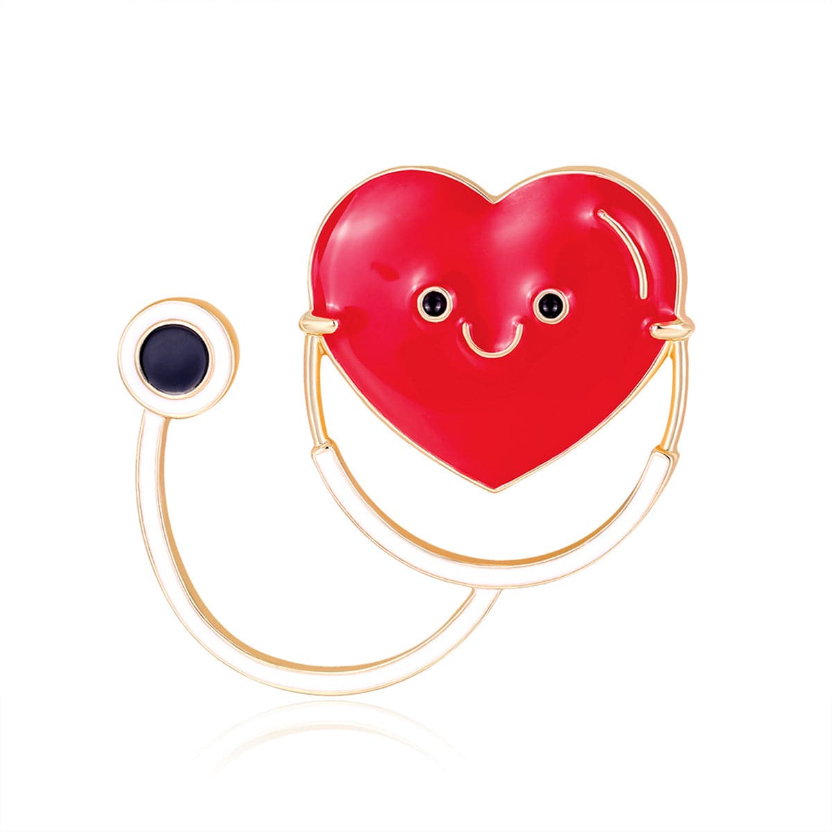 Red Enamel and 18K Gold-Plated Heart Stethoscope Brooch, gold brooch pin, elegant gift for her, front view