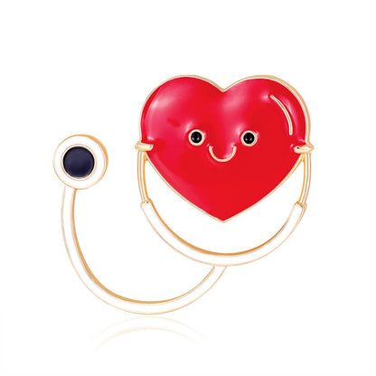 Red Enamel and 18K Gold-Plated Heart Stethoscope Brooch, gold brooch pin, elegant gift for her, front view