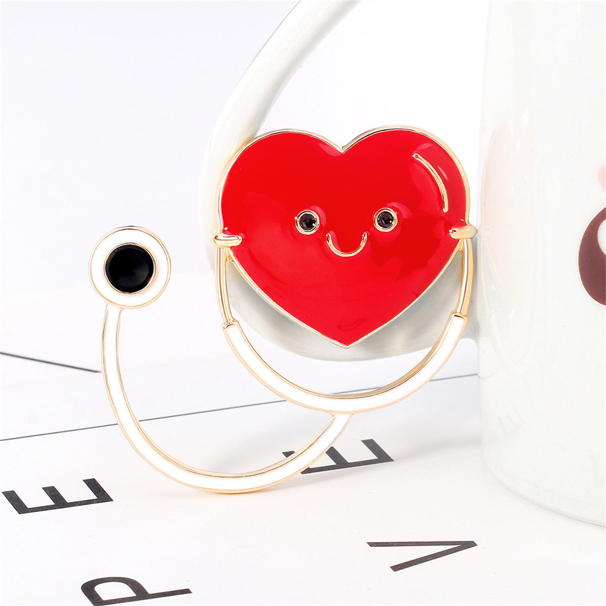 Red Enamel & 18K Gold-Plated Heart Stethoscope Brooch