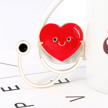 Red Enamel and 18K Gold-Plated Heart Stethoscope Brooch, gold brooch pin, elegant gift for her, lifestyle look