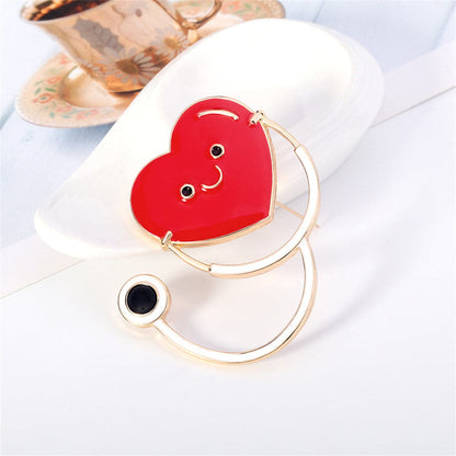 Red Enamel and 18K Gold-Plated Heart Stethoscope Brooch, gold brooch pin, elegant gift for her, side view
