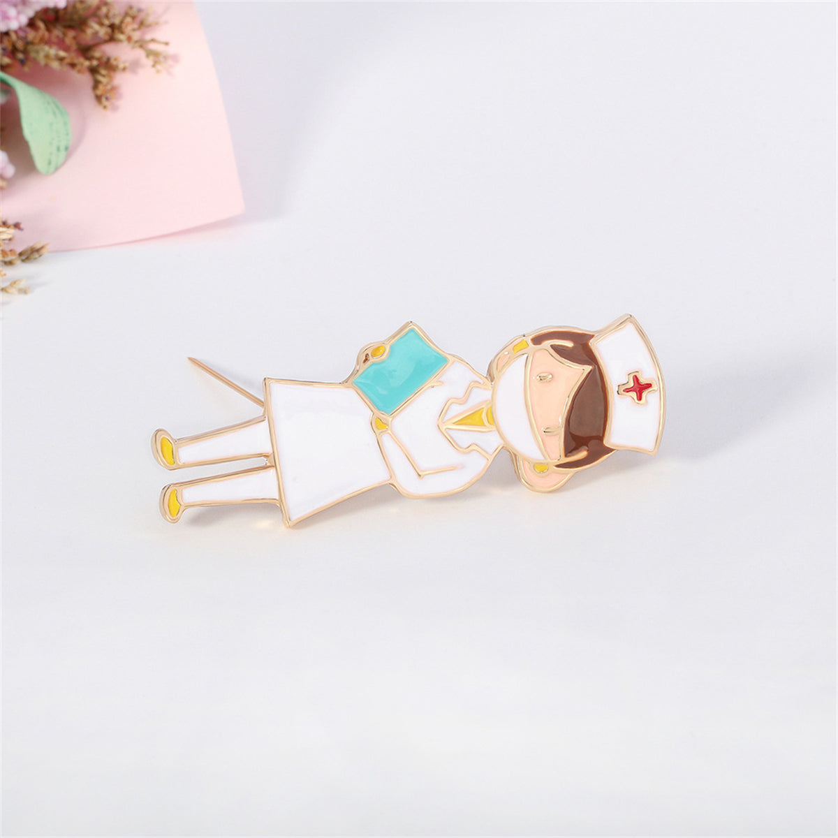 Enamel and 18K Gold-Plated Nurse On-Duty Brooch, gold brooch pin, dainty minimalist design, detail close-up