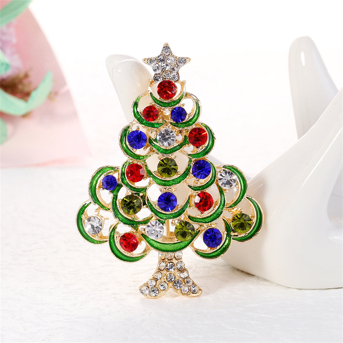 Red Cubic Zirconia and 18K Gold-Plated Star Christmas Tree Brooch, gold brooch pin, botanical inspired, front view