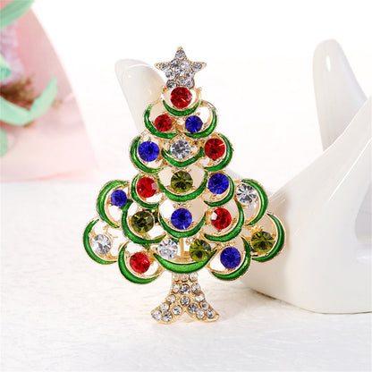 Red Cubic Zirconia and 18K Gold-Plated Star Christmas Tree Brooch, gold brooch pin, botanical inspired, front view