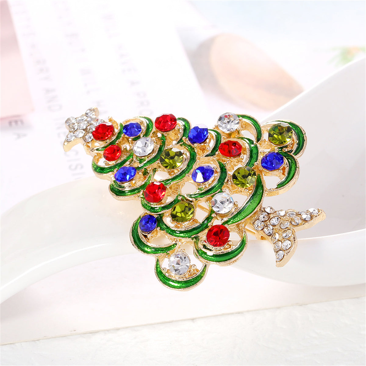 Red Cubic Zirconia and 18K Gold-Plated Star Christmas Tree Brooch, gold brooch pin, botanical inspired, detail close-up