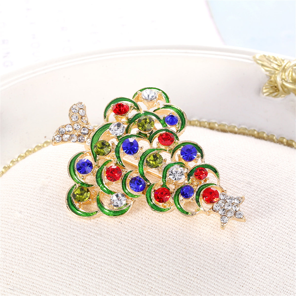 Red Cubic Zirconia and 18K Gold-Plated Star Christmas Tree Brooch, gold brooch pin, botanical inspired, lifestyle look