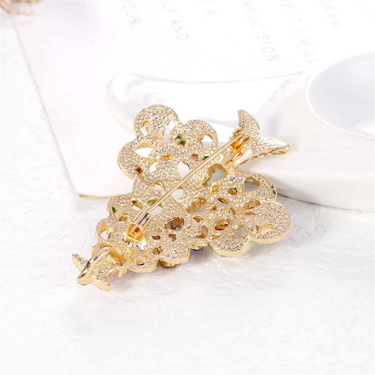 Red Cubic Zirconia & 18K Gold-Plated Star Christmas Tree Brooch