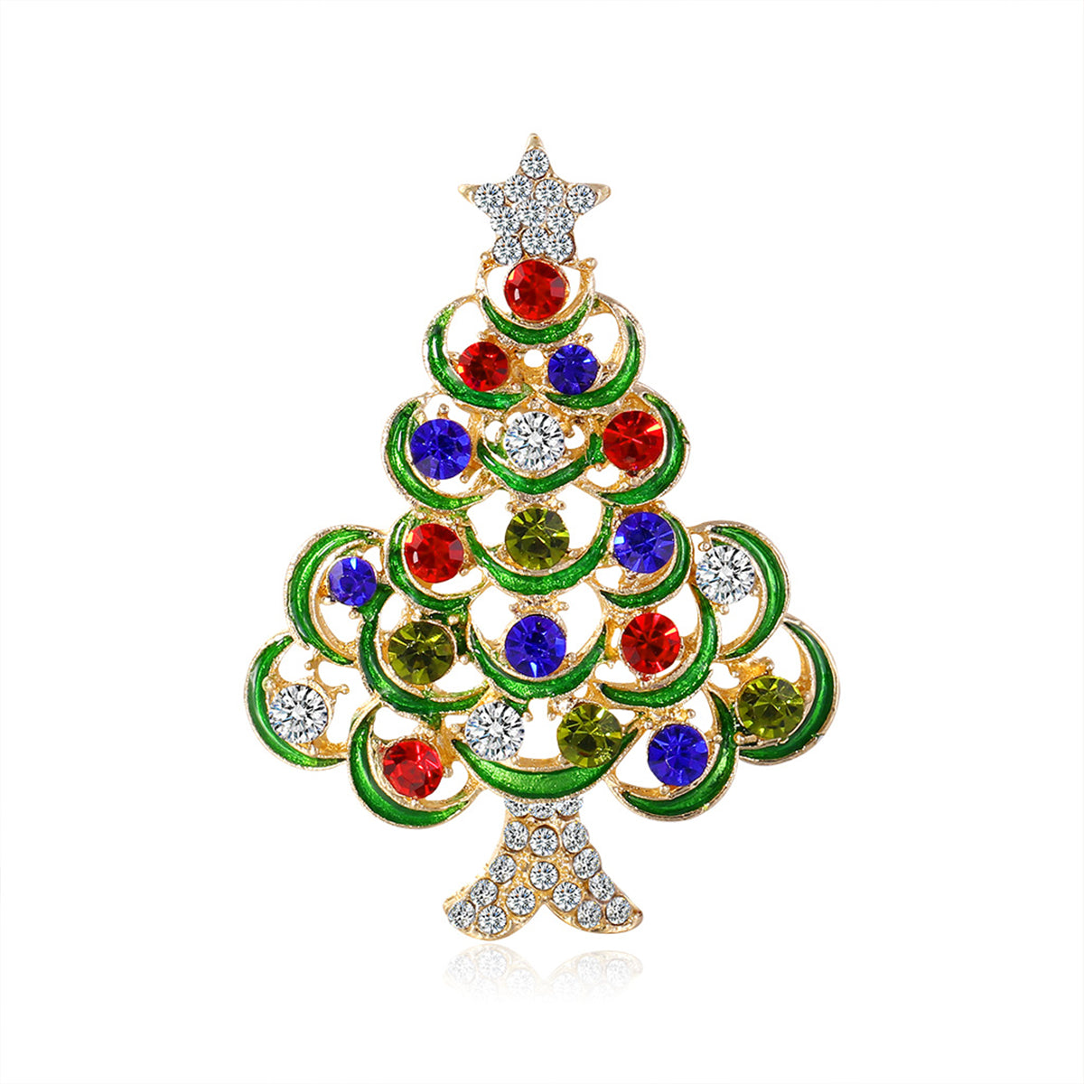Red Cubic Zirconia and 18K Gold-Plated Star Christmas Tree Brooch, gold brooch pin, botanical inspired, side view