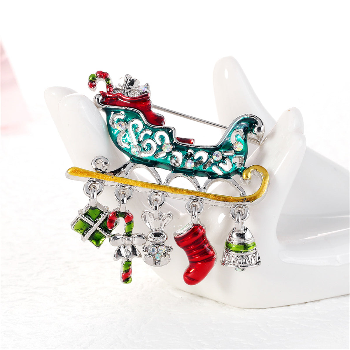 Clear Iridescent Cubic Zirconia & Red Enamel Christmas Sleigh Brooch